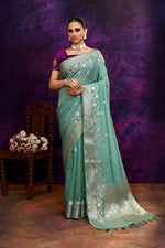 Pure Banarasi woven silk saree with stripes zari and minakari weaving & hand embroidered blouse-Turquoise Blue