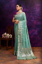 Pure Banarasi woven silk saree with stripes zari and minakari weaving & hand embroidered blouse-Turquoise Blue