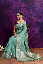 Pure Banarasi woven silk saree with stripes zari and minakari weaving & hand embroidered blouse-Turquoise Blue