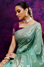 Pure Banarasi woven silk saree with stripes zari and minakari weaving & hand embroidered blouse-Turquoise Blue