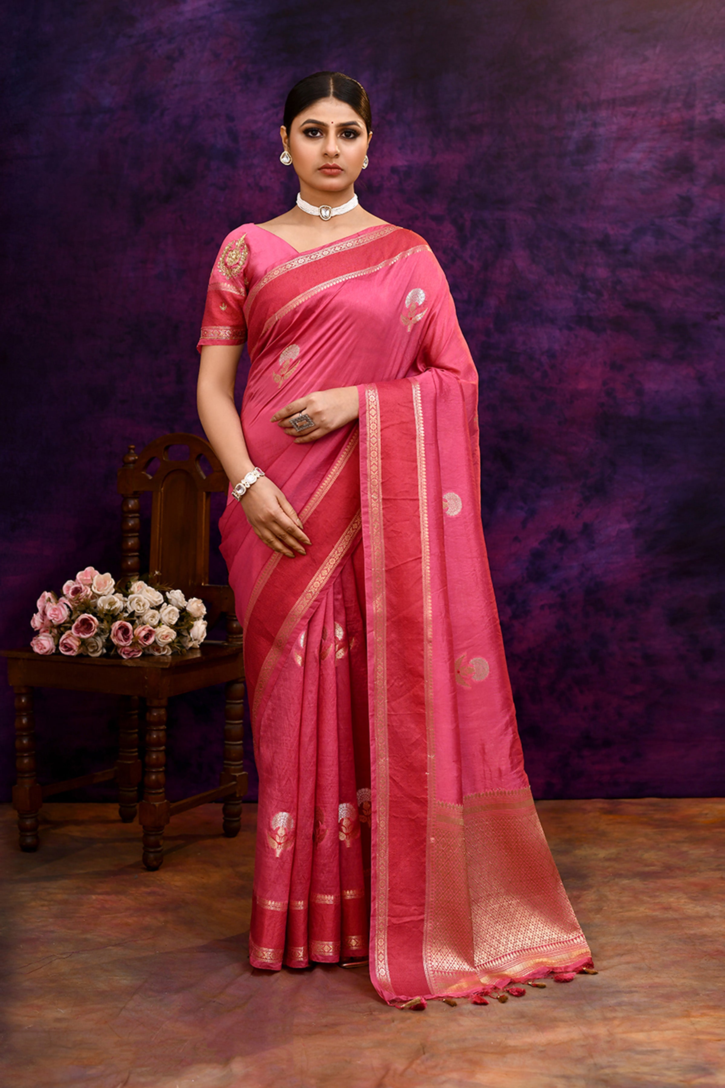 Pure Banarasi woven silk saree with zari weaving & hand embroidered blouse-Rose pink
