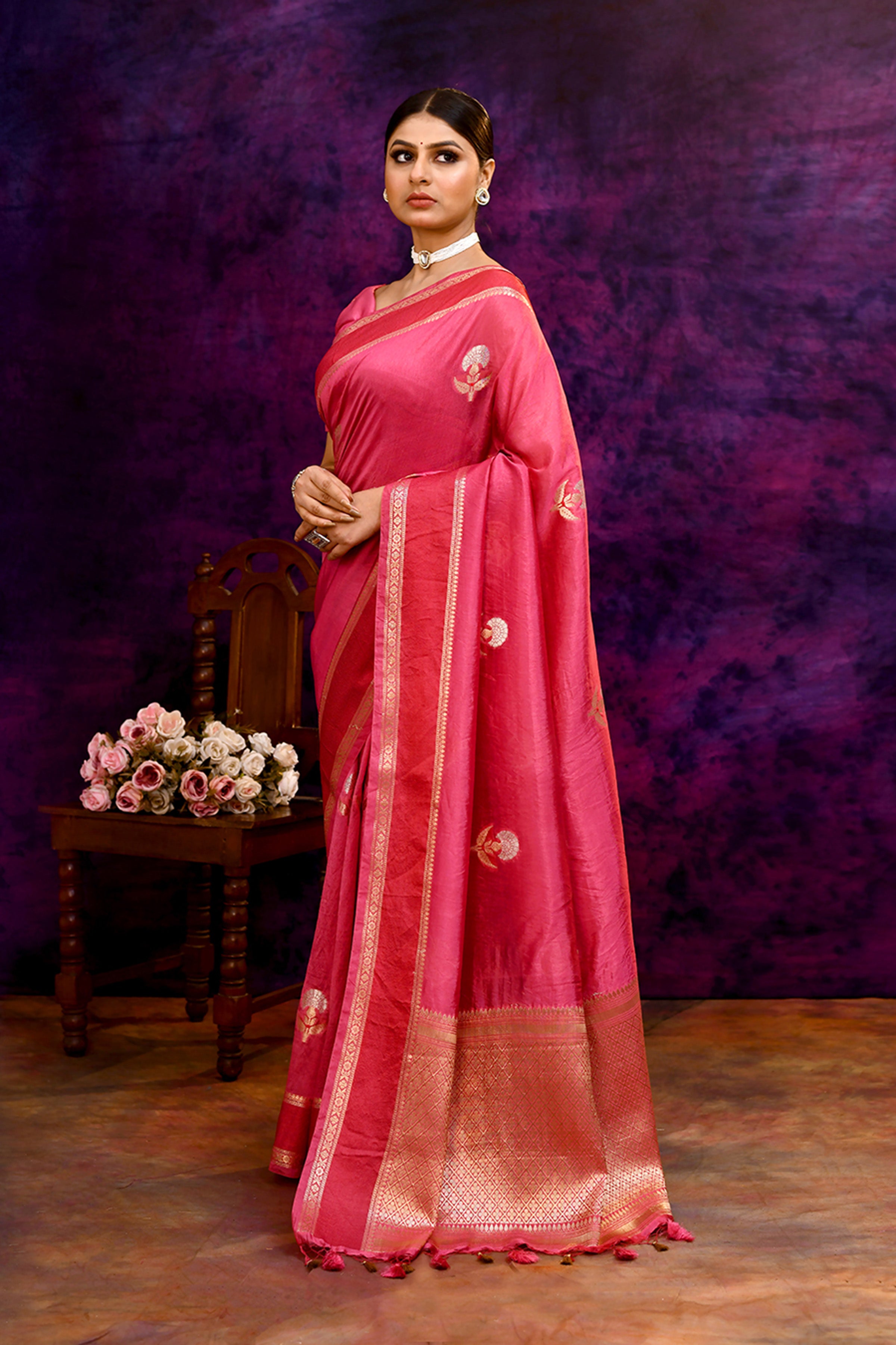 Pure Banarasi woven silk saree with zari weaving & hand embroidered blouse-Rose pink
