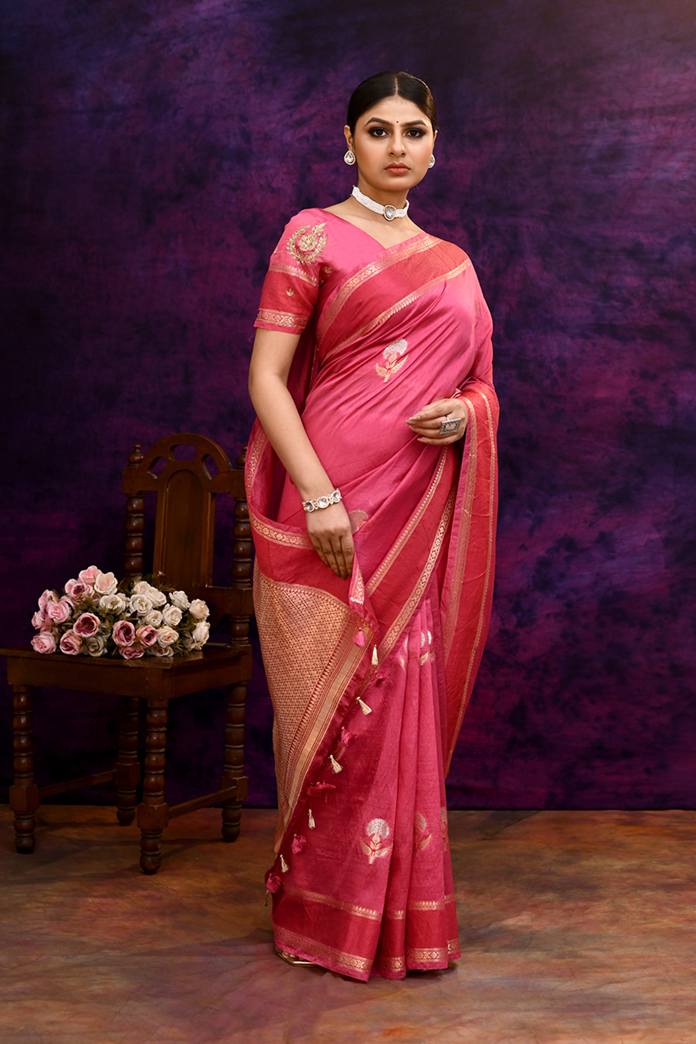 Pure Banarasi woven silk saree with zari weaving & hand embroidered blouse-Rose pink