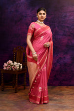 Pure Banarasi woven silk saree with zari weaving & hand embroidered blouse-Rose pink