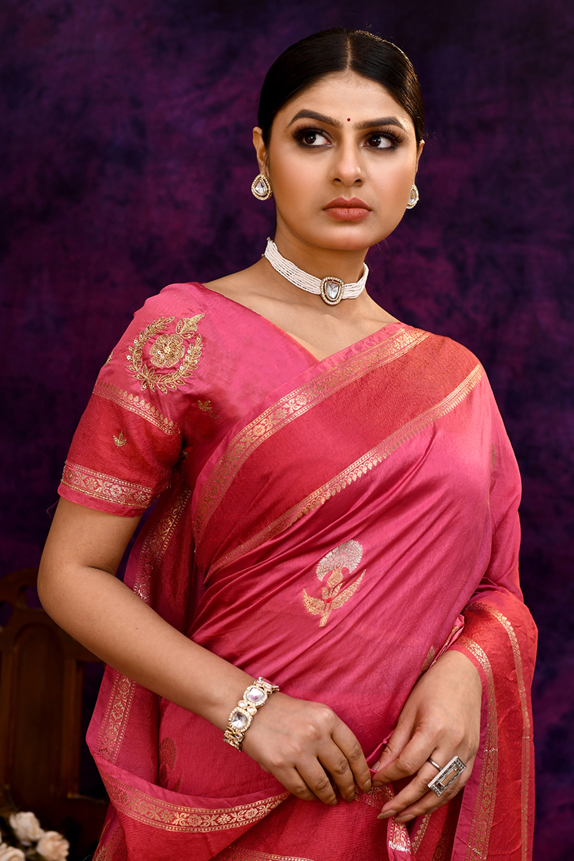 Pure Banarasi woven silk saree with zari weaving & hand embroidered blouse-Rose pink