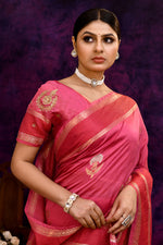 Pure Banarasi woven silk saree with zari weaving & hand embroidered blouse-Rose pink