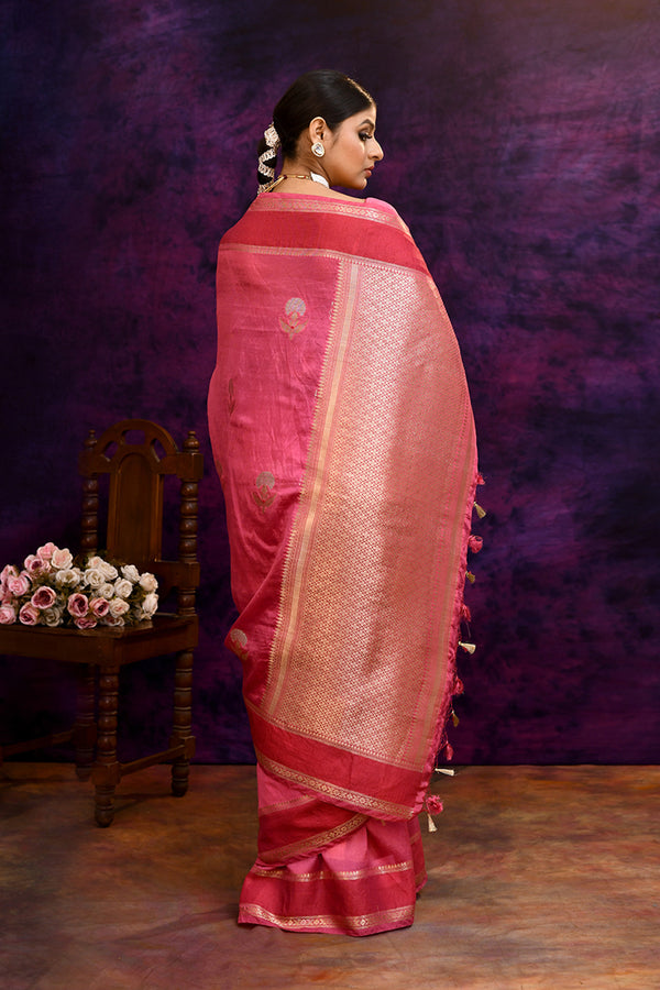Pure Banarasi woven silk saree with zari weaving & hand embroidered blouse-Rose pink