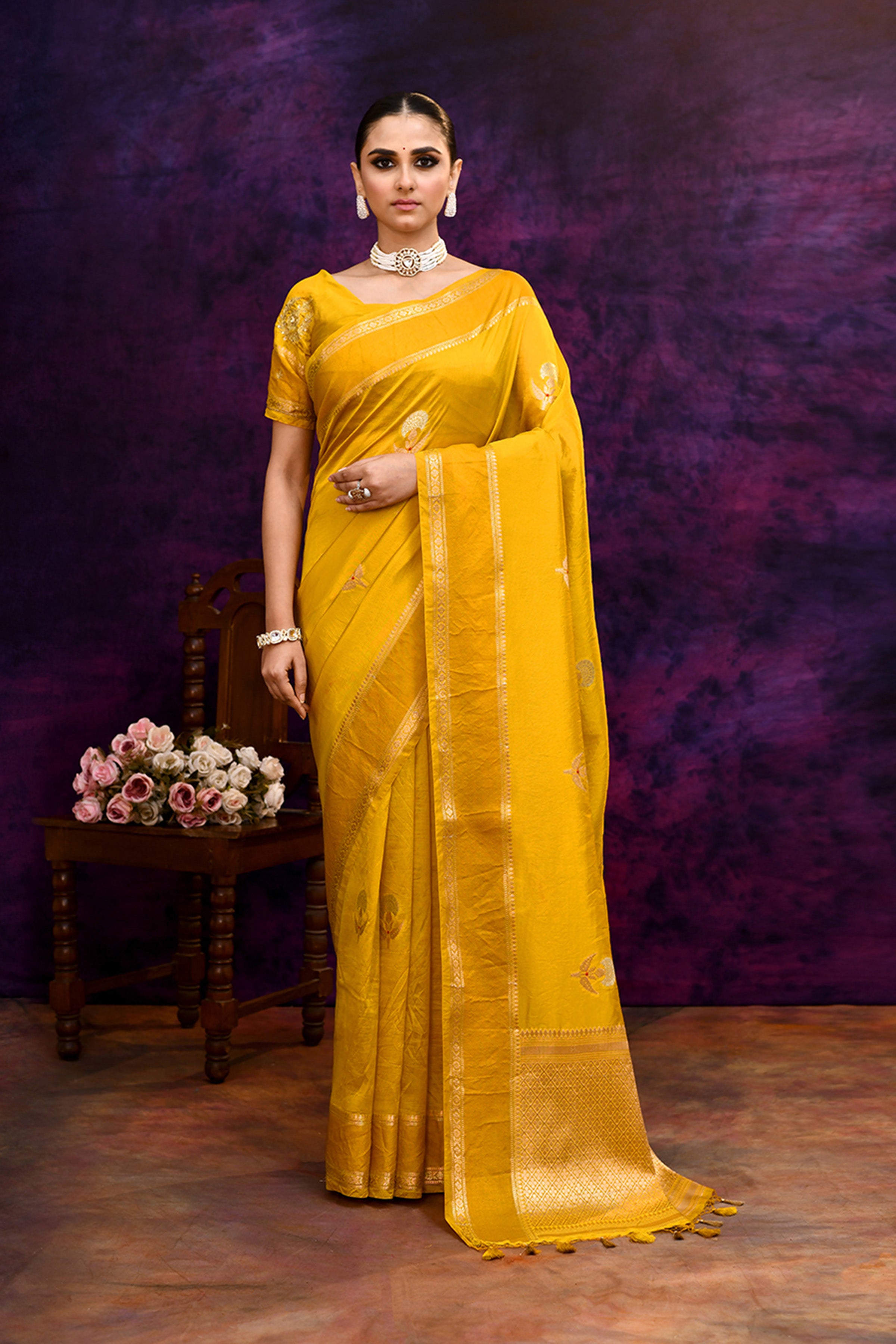 Pure Banarasi woven silk saree with zari weaving & hand embroidered blouse-Mango yellow
