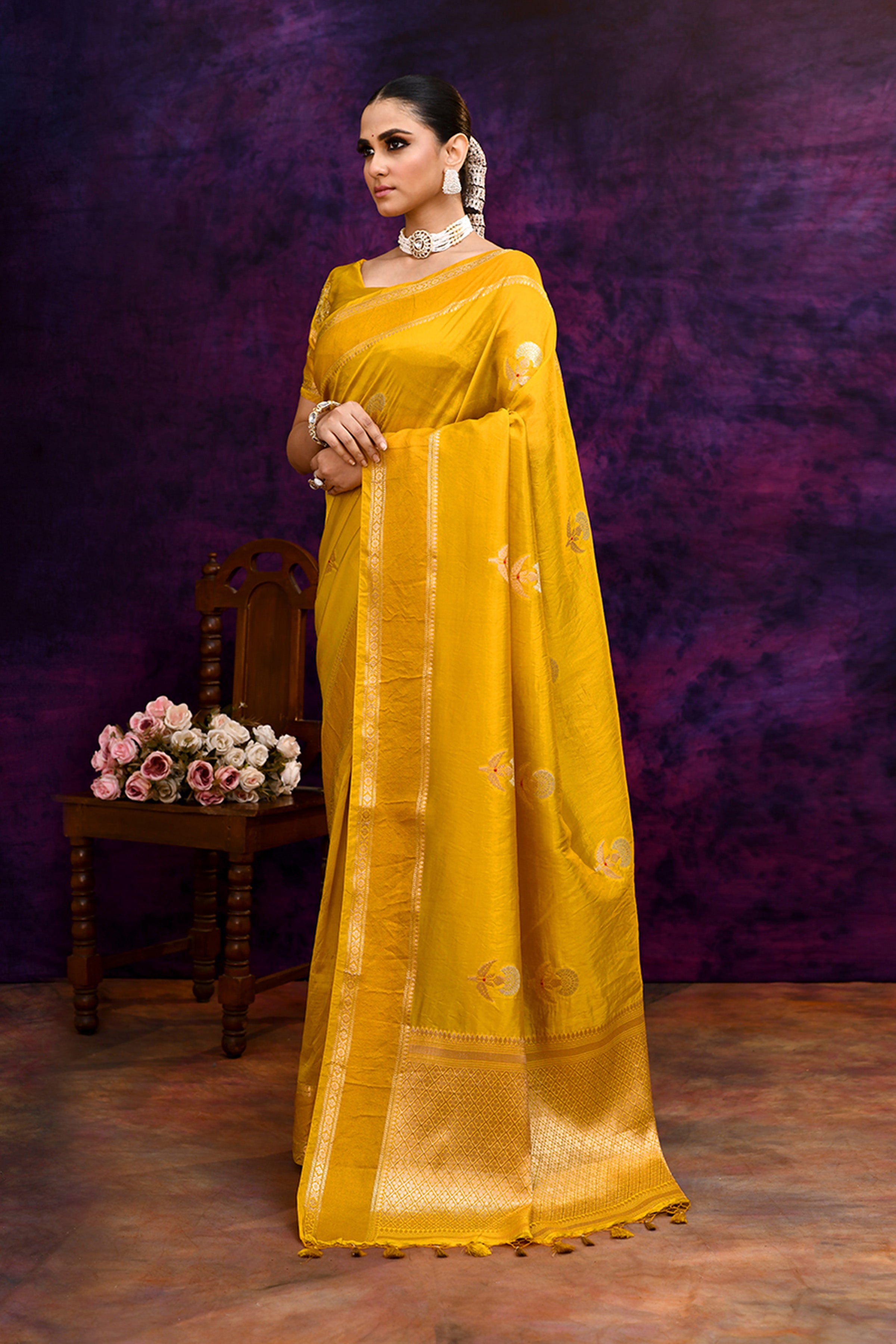 Pure Banarasi woven silk saree with zari weaving & hand embroidered blouse-Mango yellow