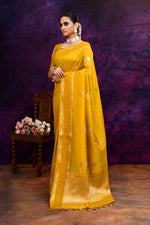 Pure Banarasi woven silk saree with zari weaving & hand embroidered blouse-Mango yellow