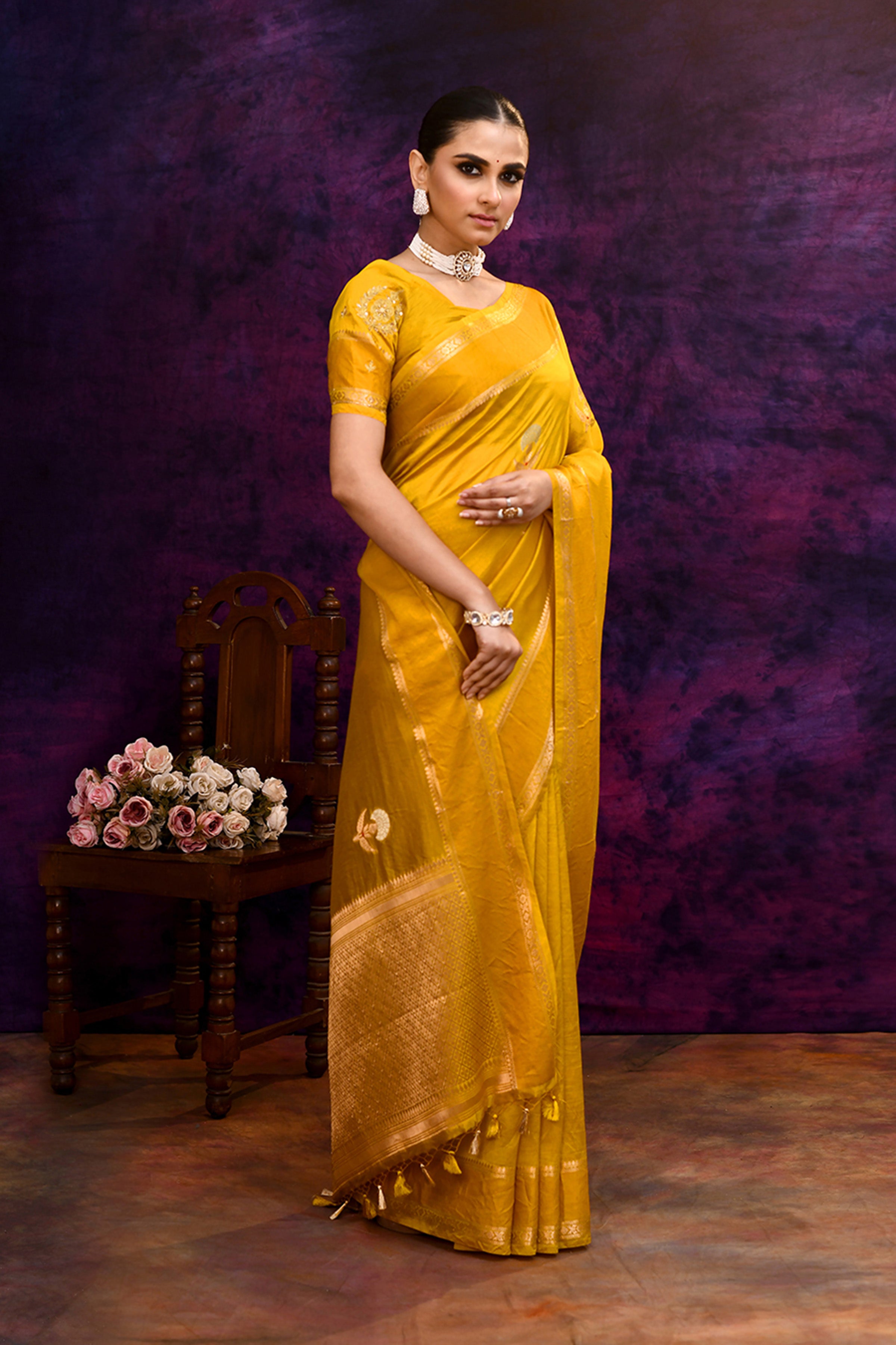 Pure Banarasi woven silk saree with zari weaving & hand embroidered blouse-Mango yellow