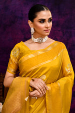 Pure Banarasi woven silk saree with zari weaving & hand embroidered blouse-Mango yellow