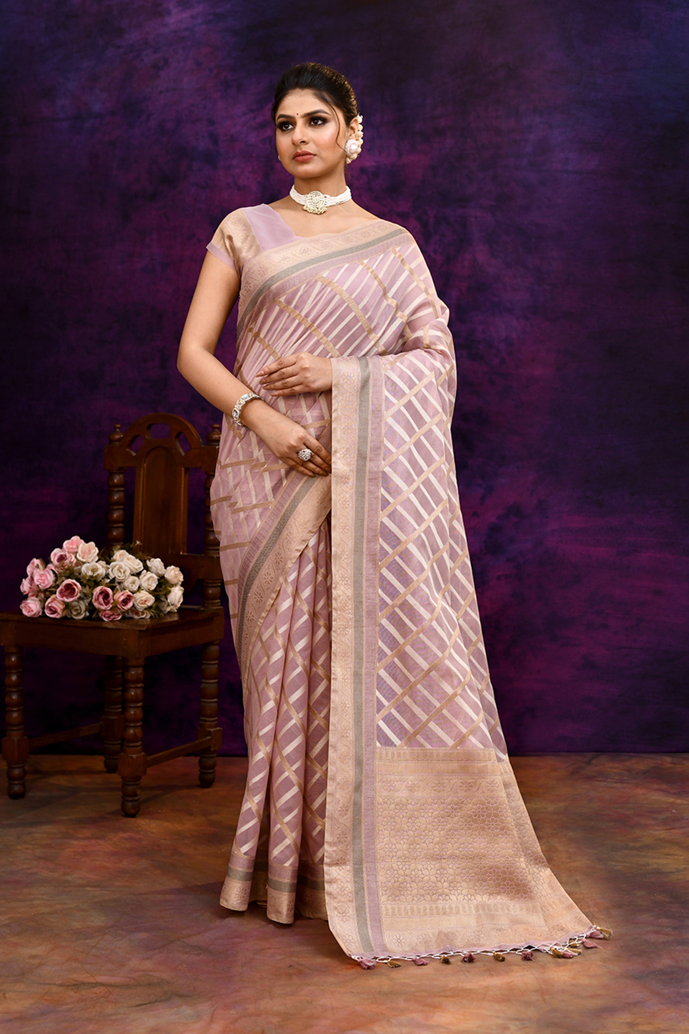 Cotton saree with golden zari banarasi border and motifs checkered pattern-Mauve