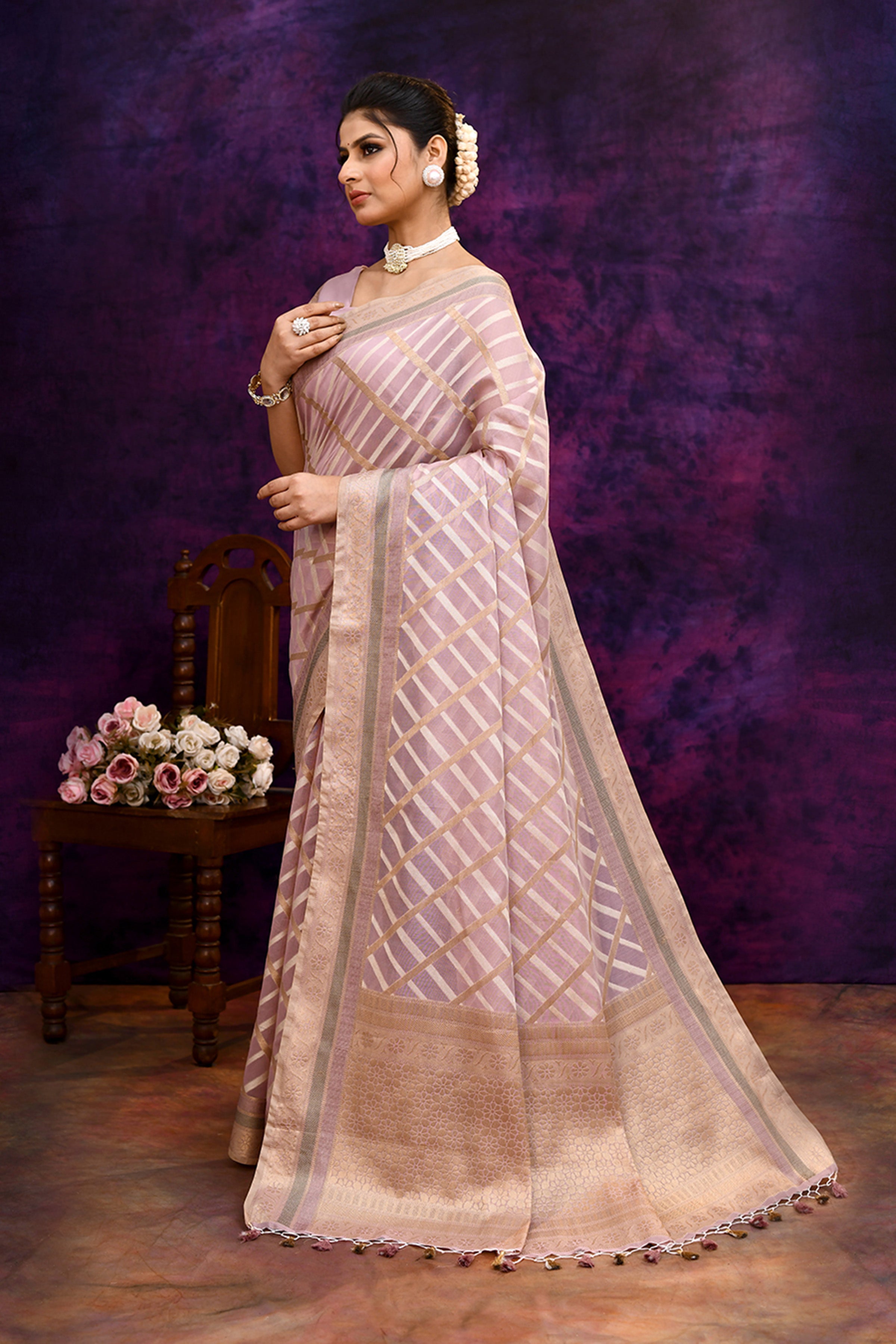 Cotton saree with golden zari banarasi border and motifs checkered pattern-Mauve