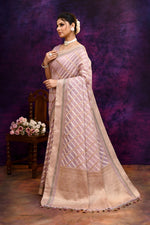 Cotton saree with golden zari banarasi border and motifs checkered pattern-Mauve