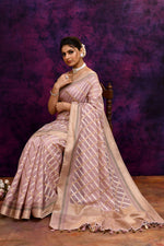 Cotton saree with golden zari banarasi border and motifs checkered pattern-Mauve