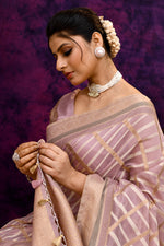 Cotton saree with golden zari banarasi border and motifs checkered pattern-Mauve