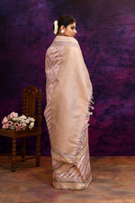 Cotton saree with golden zari banarasi border and motifs checkered pattern-Mauve