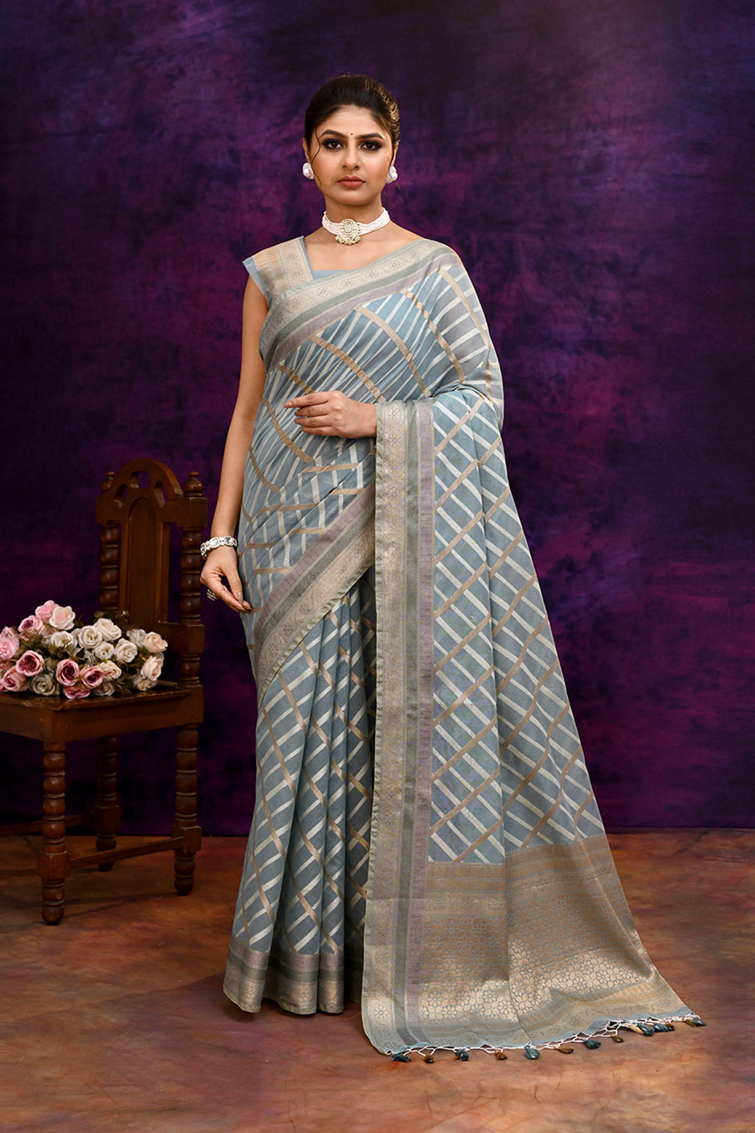 Cotton saree with golden zari banarasi border and motifs Checkered pattern-powder blue