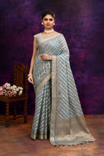 Cotton saree with golden zari banarasi border and motifs Checkered pattern-powder blue