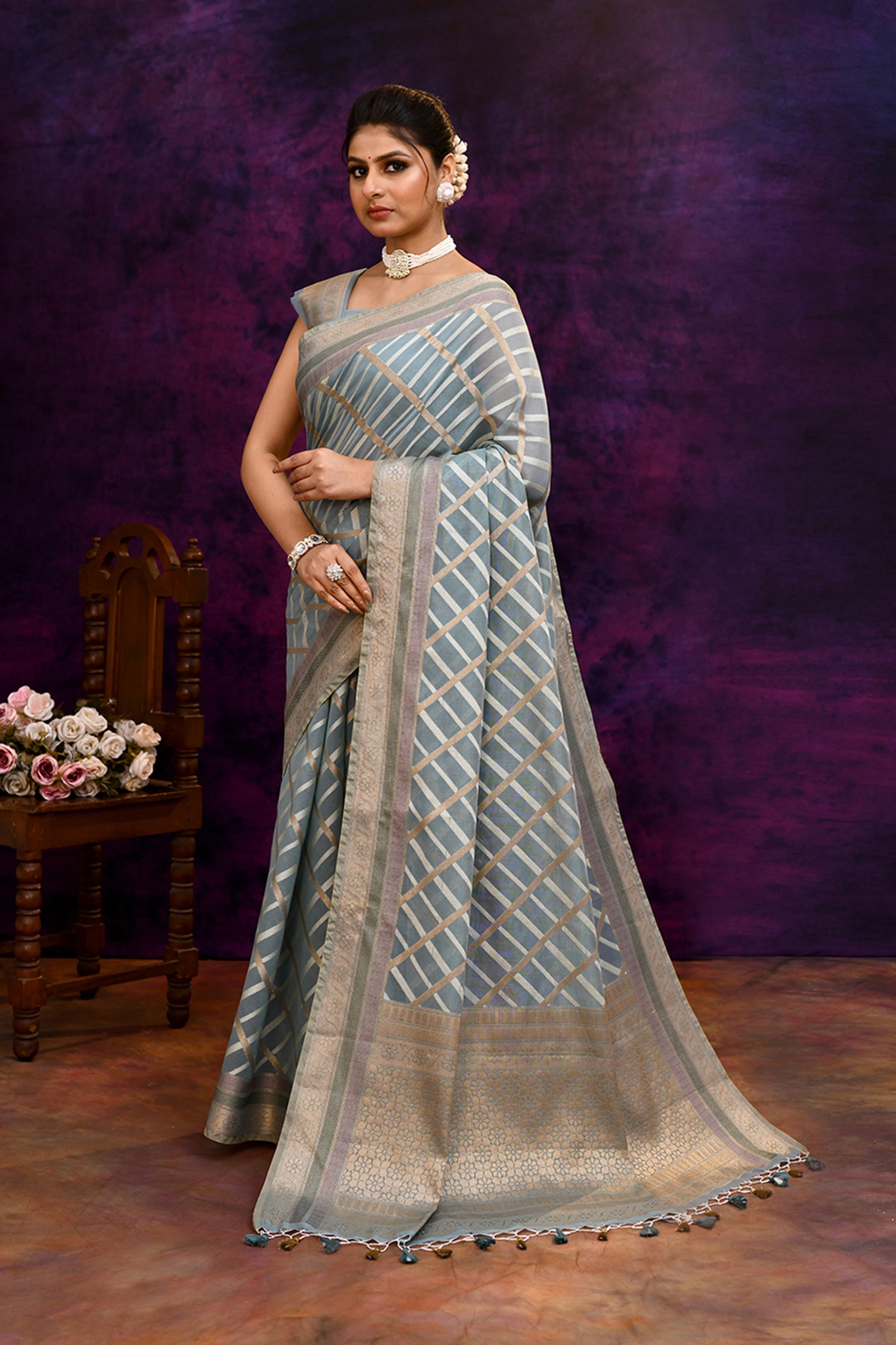 Cotton saree with golden zari banarasi border and motifs Checkered pattern-powder blue