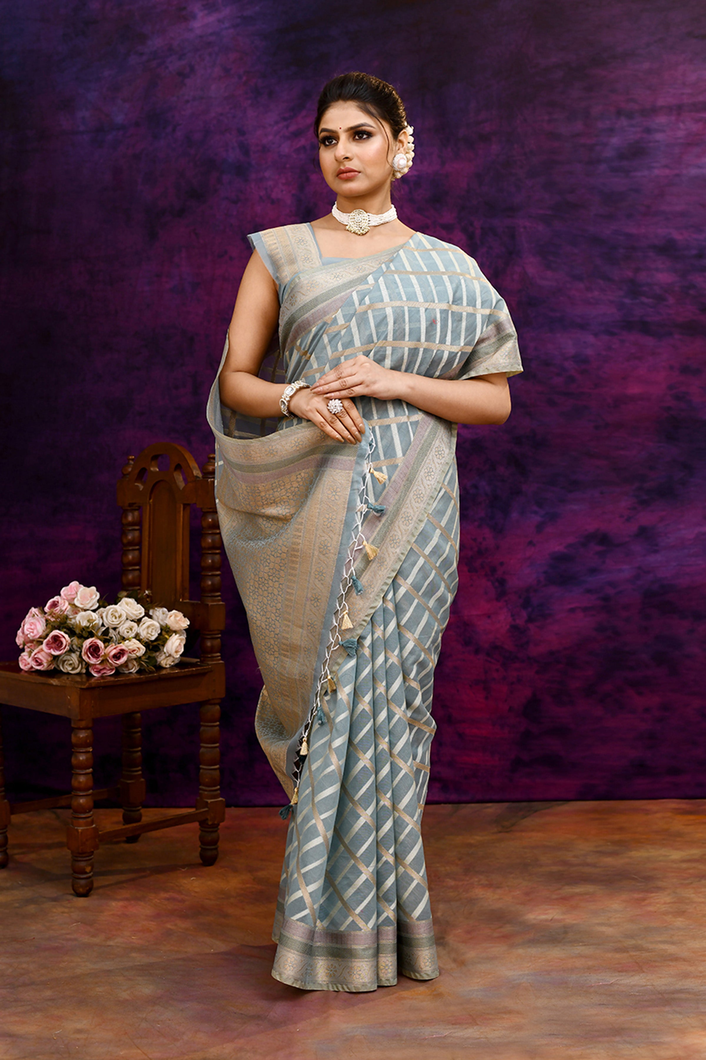 Cotton saree with golden zari banarasi border and motifs Checkered pattern-powder blue
