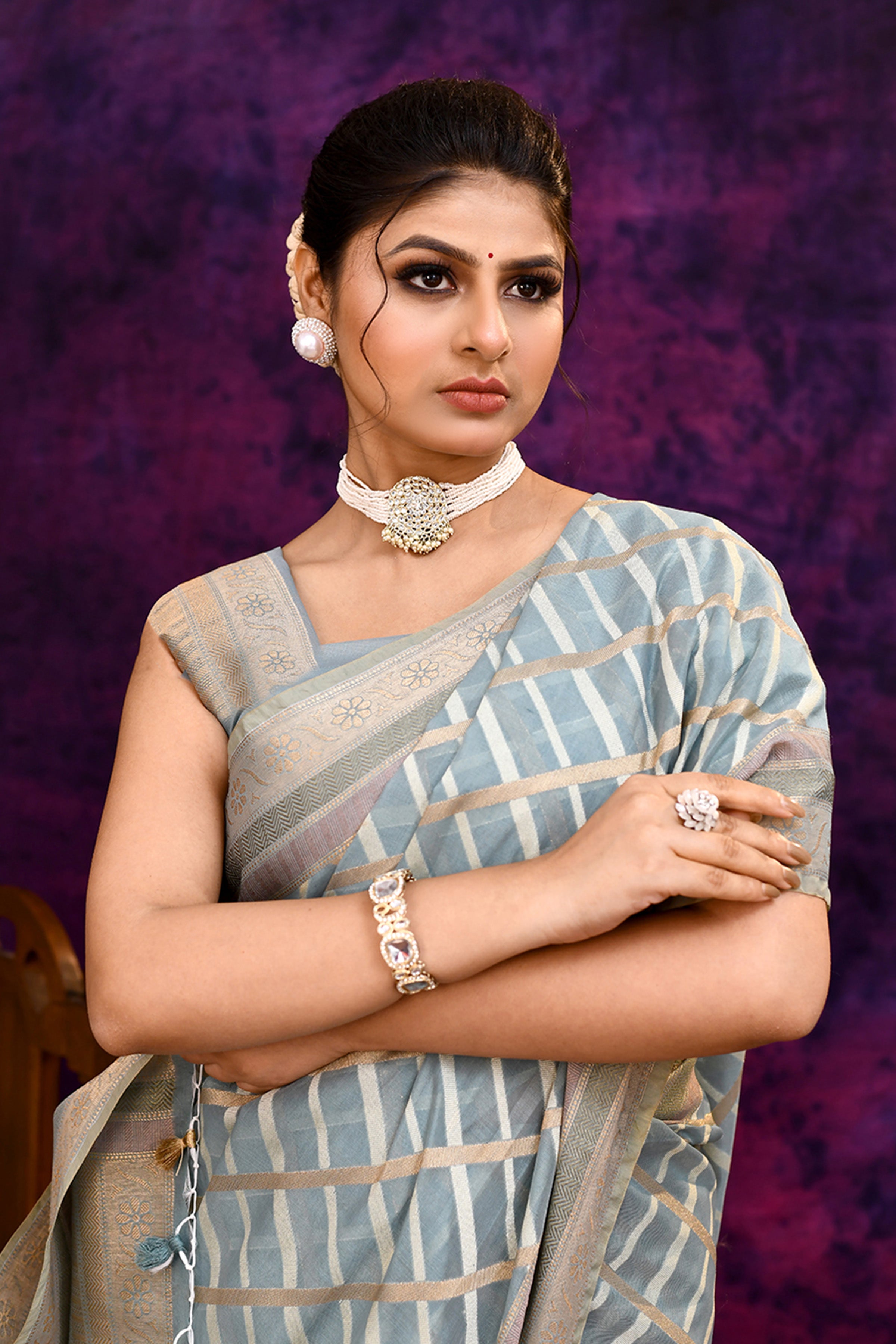 Cotton saree with golden zari banarasi border and motifs Checkered pattern-powder blue
