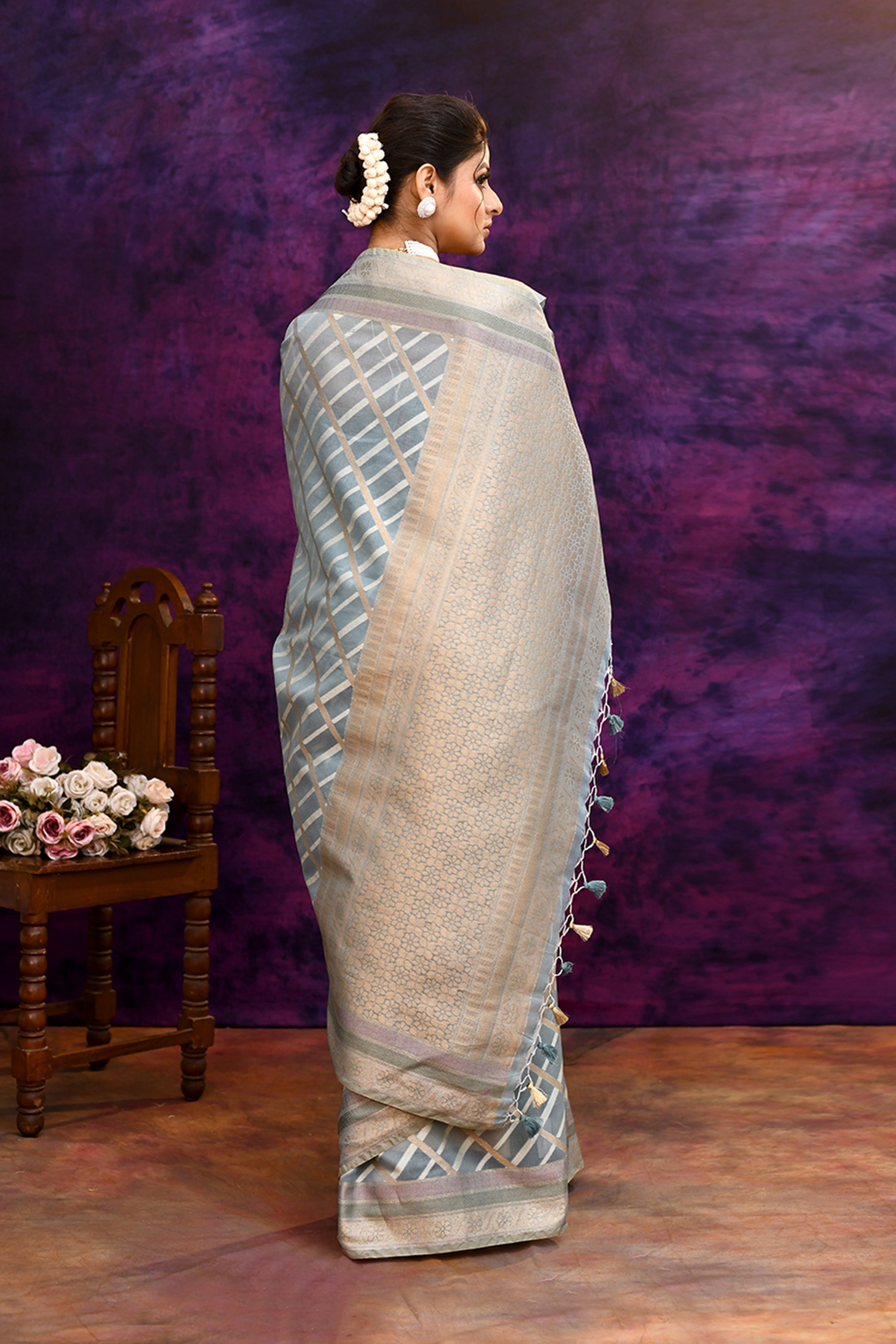 Cotton saree with golden zari banarasi border and motifs Checkered pattern-powder blue