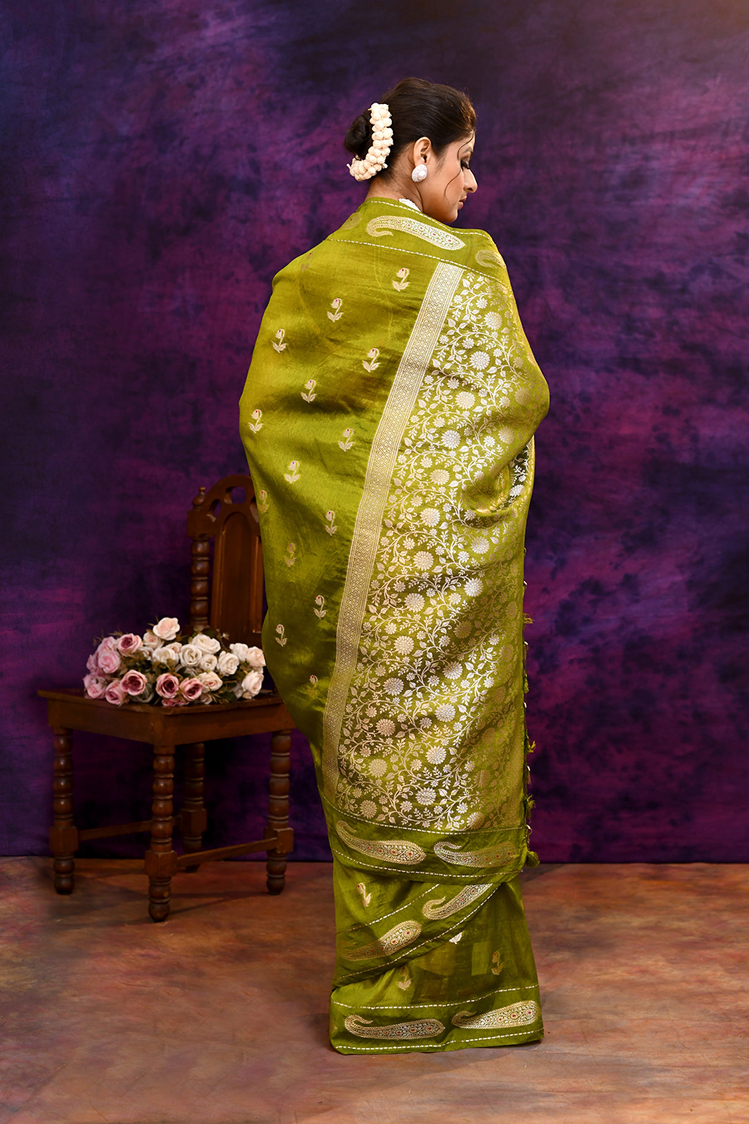 Pure Banarasi woven silk saree with zari & minakari mango motifs & hand embroidered blouse-Olive green