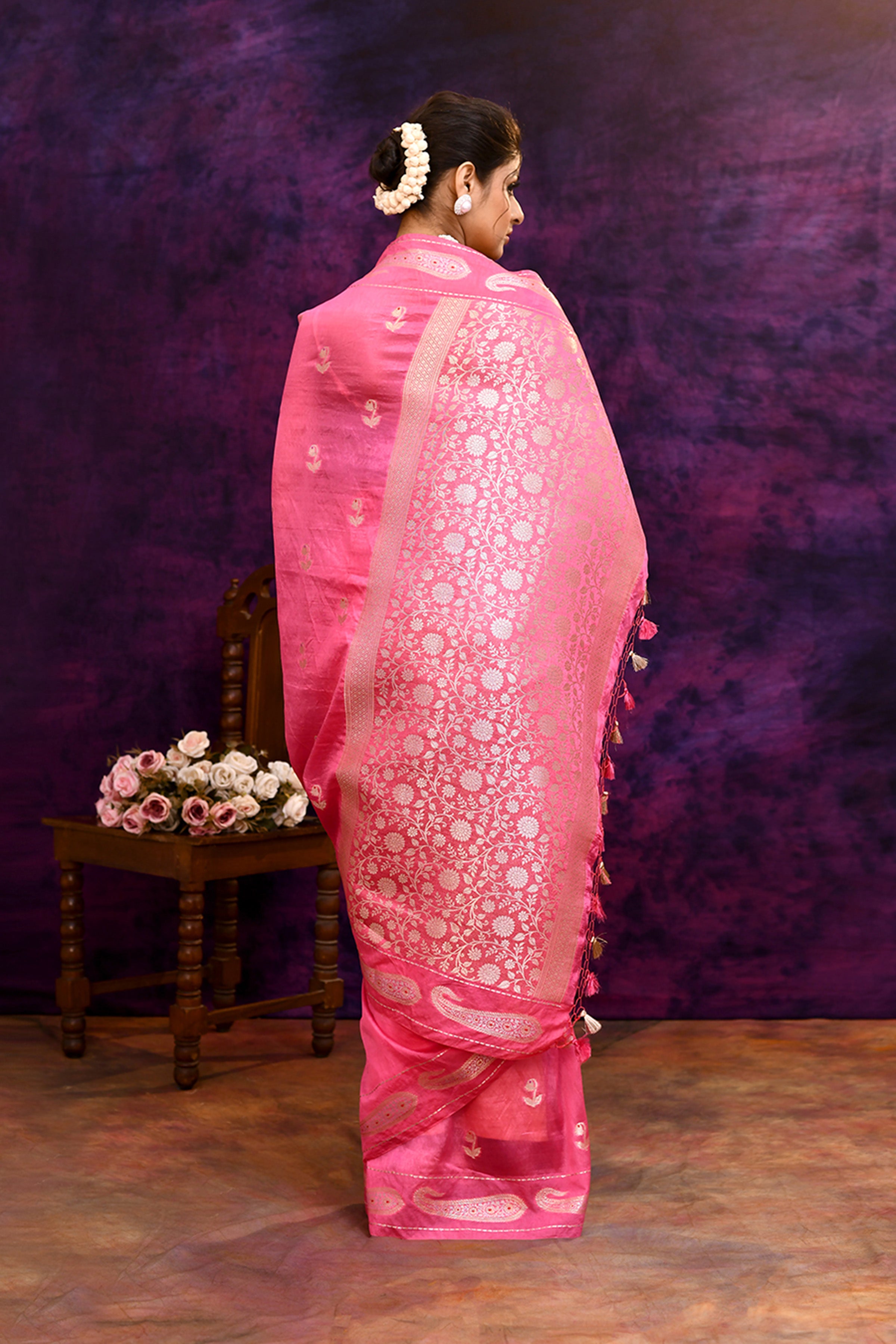 Pure Banarasi woven silk saree with zari & minakari mango motifs & hand embroidered blouse-Rose pink