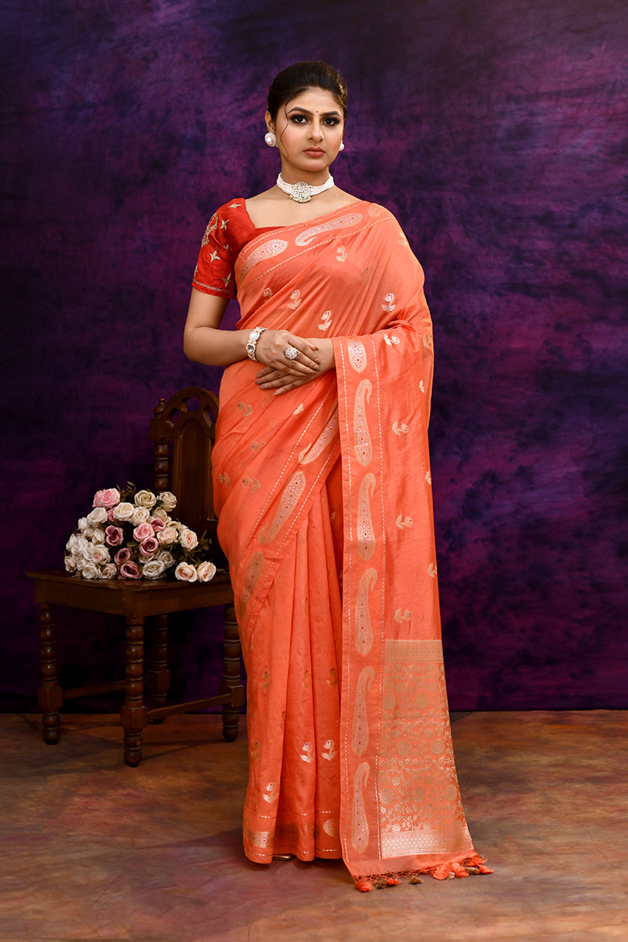 Pure Banarasi woven silk saree with zari & minakari mango motifs & hand embroidered blouse-Peach