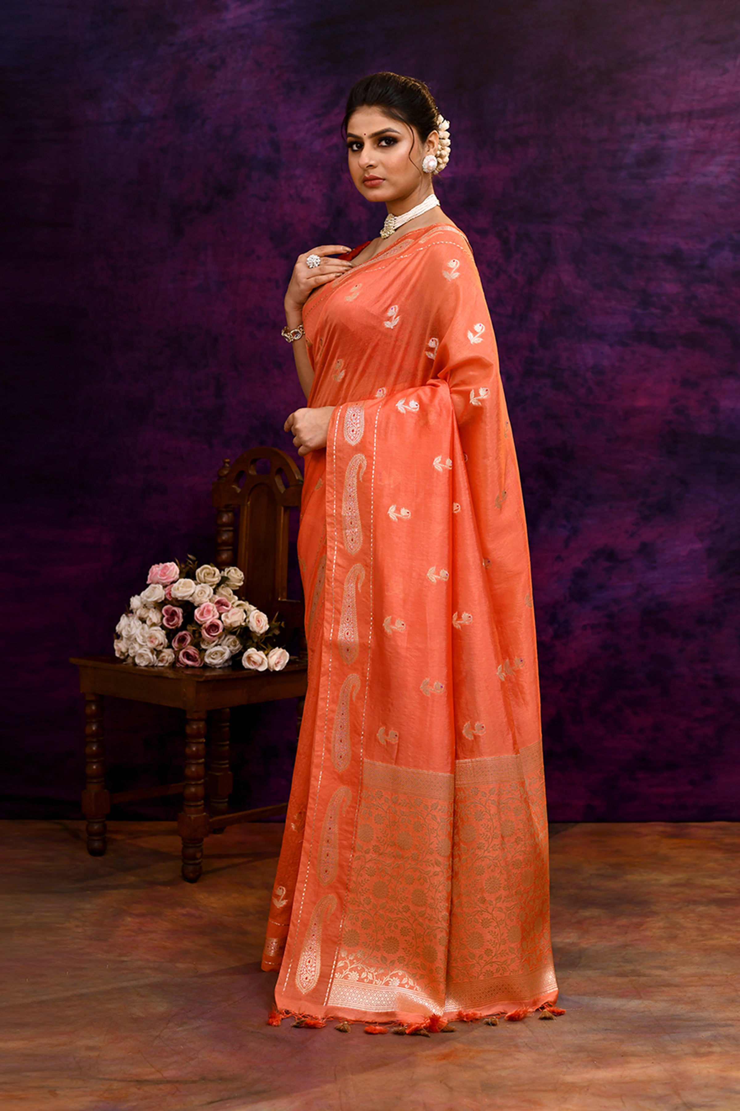 Pure Banarasi woven silk saree with zari & minakari mango motifs & hand embroidered blouse-Peach