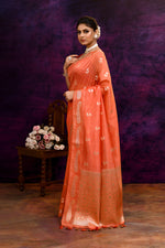 Pure Banarasi woven silk saree with zari & minakari mango motifs & hand embroidered blouse-Peach