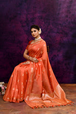 Pure Banarasi woven silk saree with zari & minakari mango motifs & hand embroidered blouse-Peach