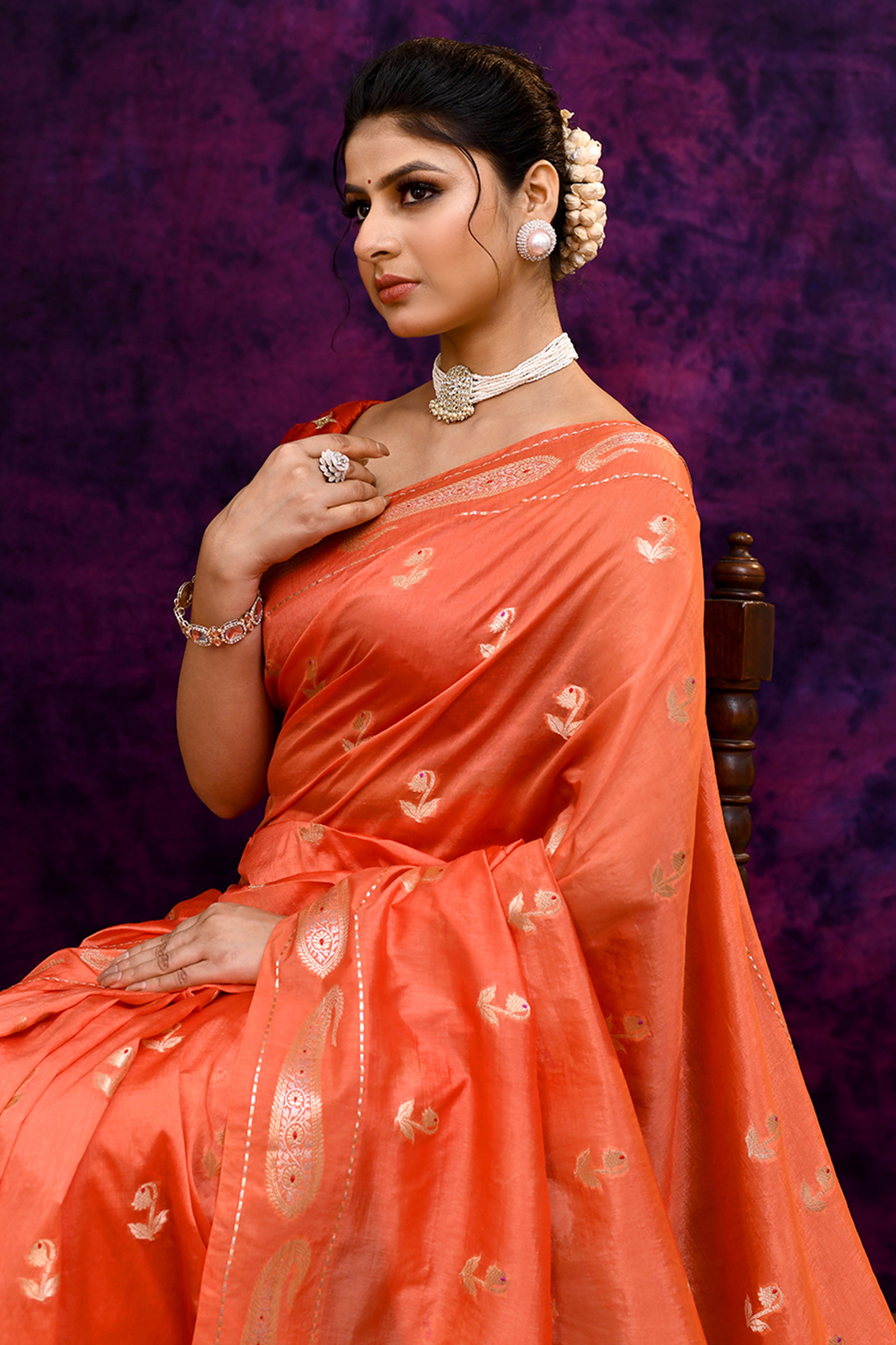 Pure Banarasi woven silk saree with zari & minakari mango motifs & hand embroidered blouse-Peach