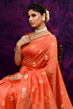 Pure Banarasi woven silk saree with zari & minakari mango motifs & hand embroidered blouse-Peach