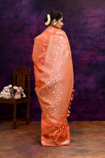 Pure Banarasi woven silk saree with zari & minakari mango motifs & hand embroidered blouse-Peach