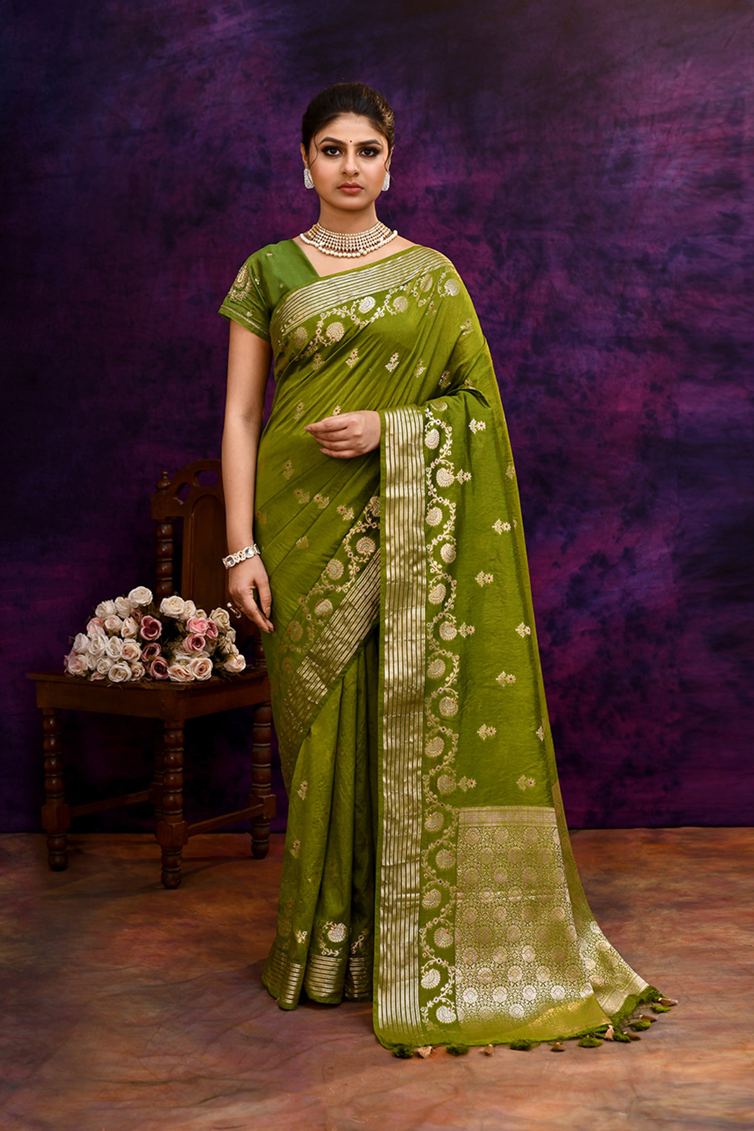 Pure Banarasi woven silk saree with stripes zari and minakari weaving & hand embroidered blouse-Olive green