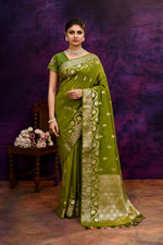 Pure Banarasi woven silk saree with stripes zari and minakari weaving & hand embroidered blouse-Olive green