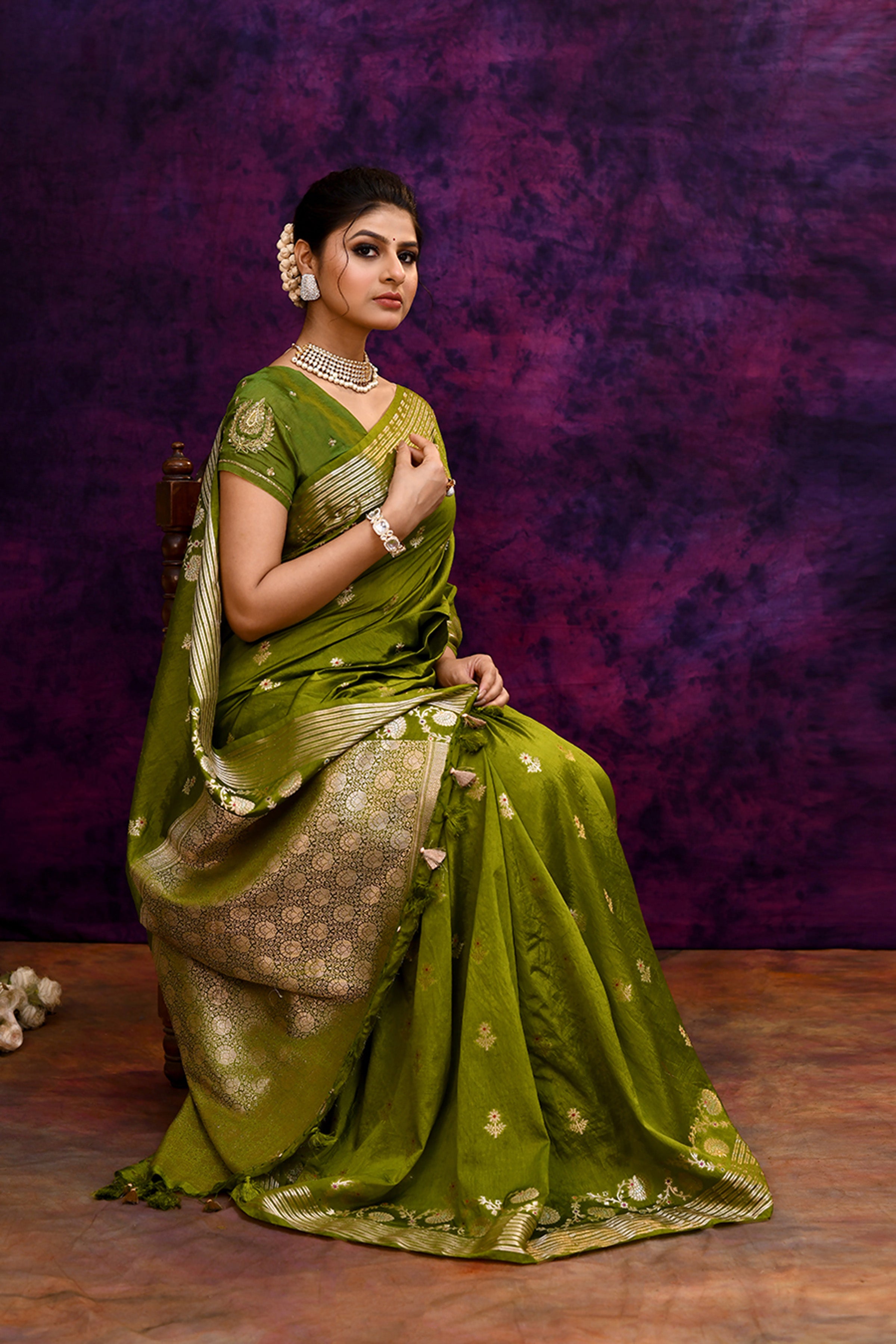 Pure Banarasi woven silk saree with stripes zari and minakari weaving & hand embroidered blouse-Olive green