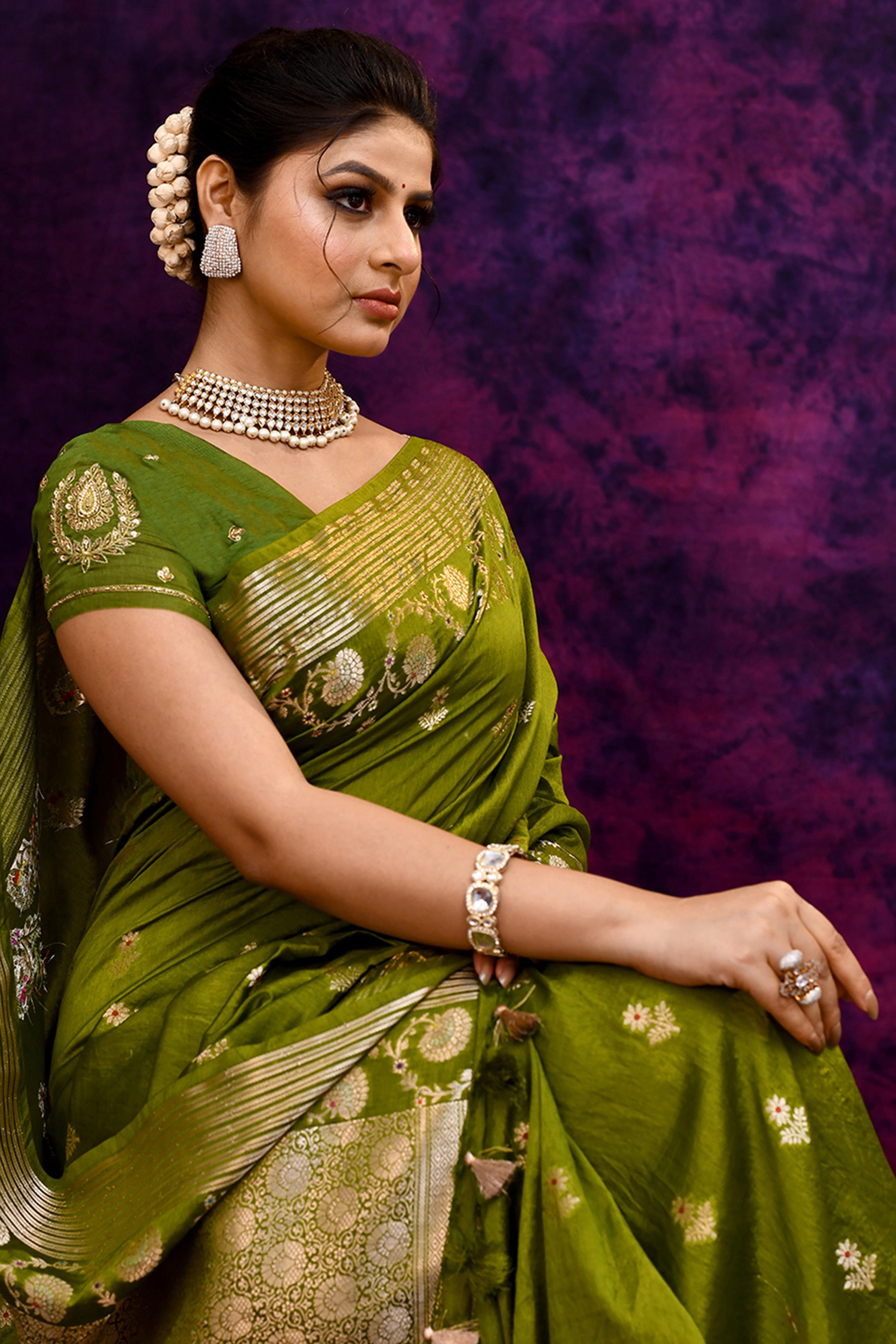 Pure Banarasi woven silk saree with stripes zari and minakari weaving & hand embroidered blouse-Olive green