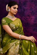 Pure Banarasi woven silk saree with stripes zari and minakari weaving & hand embroidered blouse-Olive green