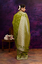 Pure Banarasi woven silk saree with stripes zari and minakari weaving & hand embroidered blouse-Olive green