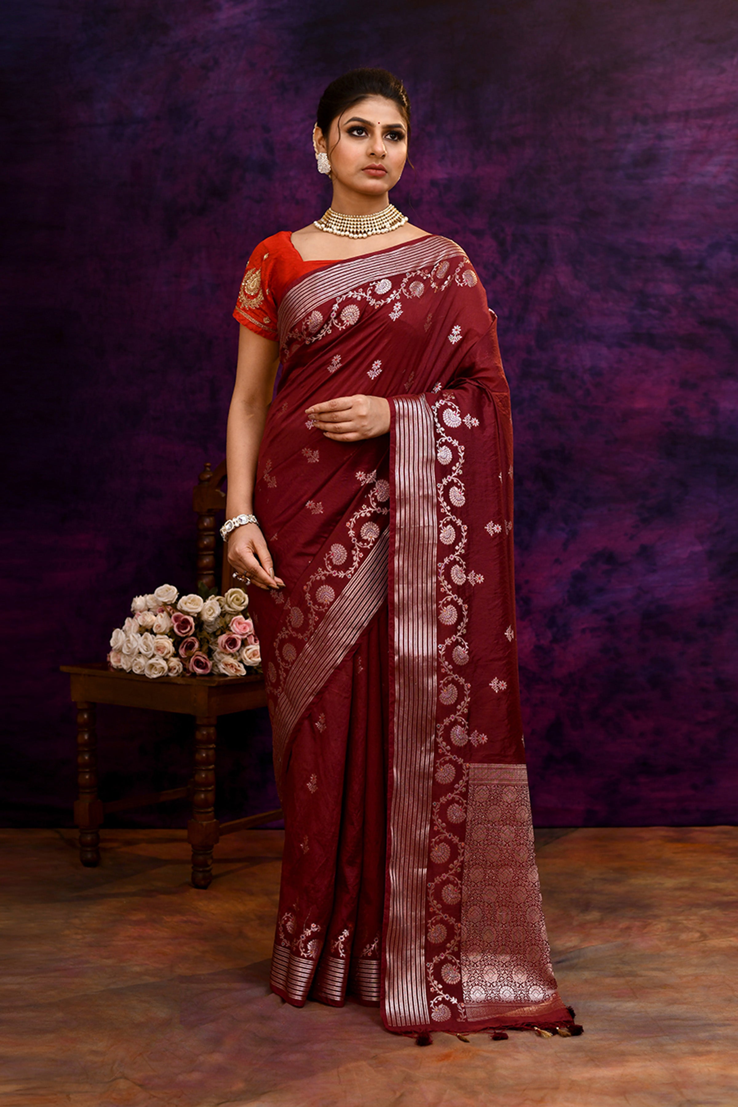 Pure Banarasi woven silk saree with stripes zari and minakari weaving & hand embroidered blouse-Burgundy