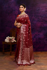 Pure Banarasi woven silk saree with stripes zari and minakari weaving & hand embroidered blouse-Burgundy