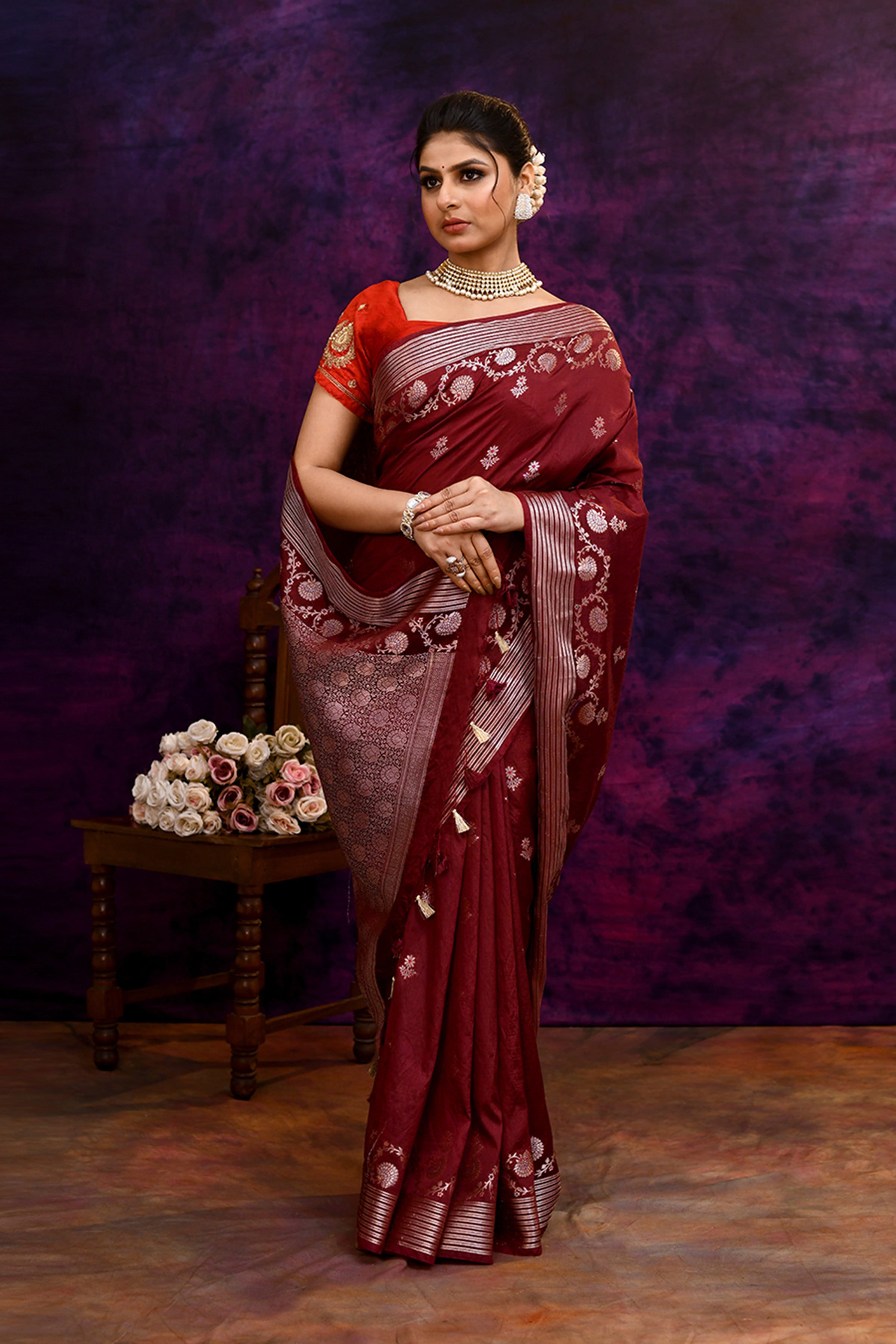 Pure Banarasi woven silk saree with stripes zari and minakari weaving & hand embroidered blouse-Burgundy