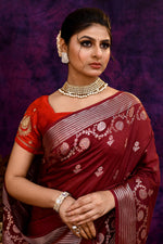 Pure Banarasi woven silk saree with stripes zari and minakari weaving & hand embroidered blouse-Burgundy