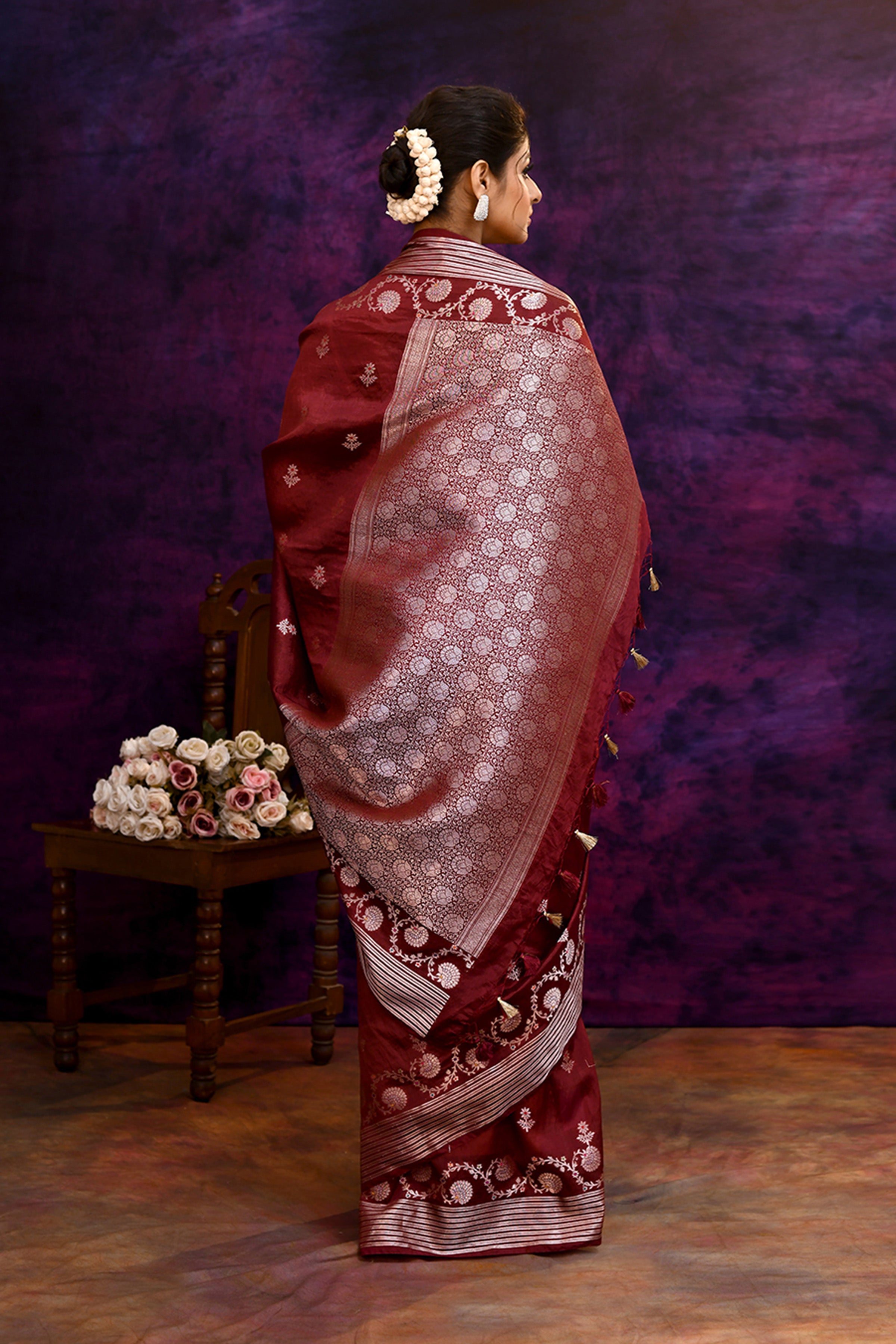 Pure Banarasi woven silk saree with stripes zari and minakari weaving & hand embroidered blouse-Burgundy
