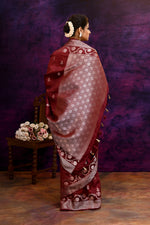 Pure Banarasi woven silk saree with stripes zari and minakari weaving & hand embroidered blouse-Burgundy