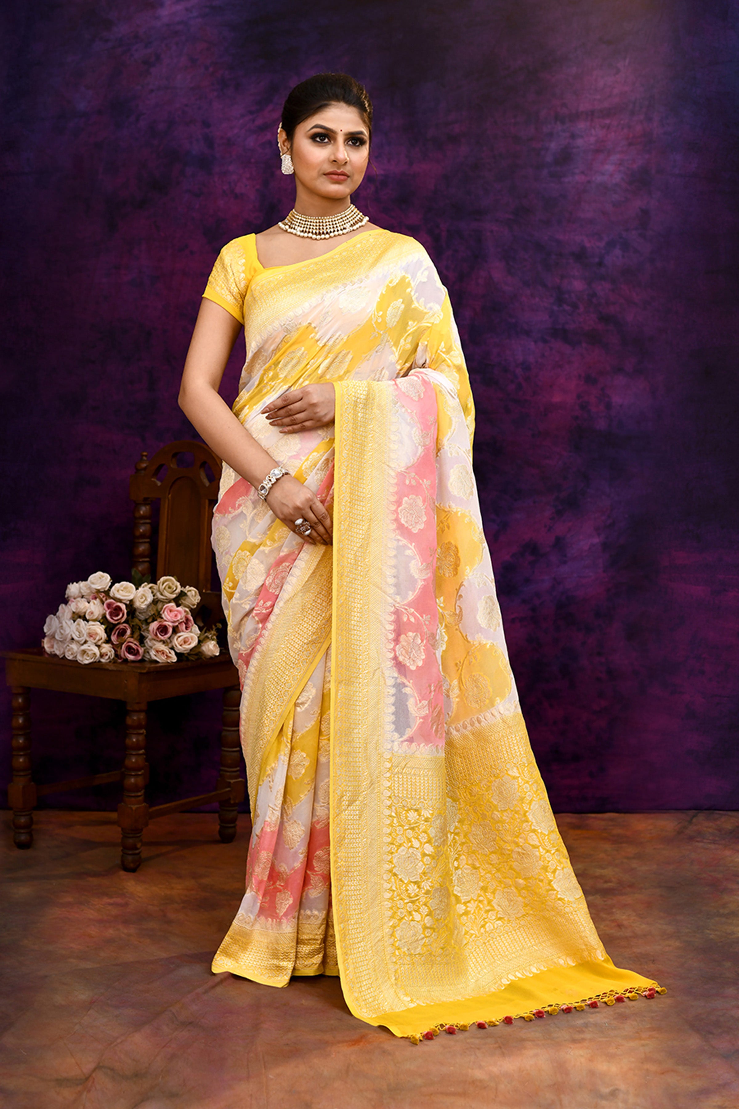 Pure handloom rangkaat khaddi georgette banarasi saree with multi color leheriya zari weaving